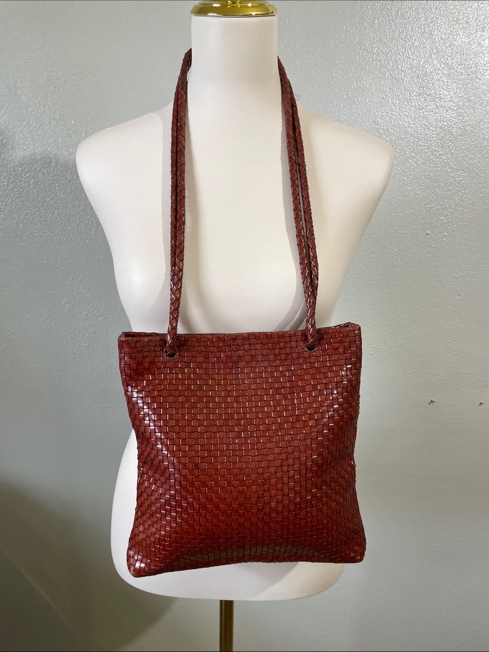 Indeed Woven Leather Cognac Brown Structured Shoulder Handbag Quiet Luxury Vtg
